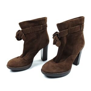 Paul Smith Womens Booties EU 37 Brown Suede Leather Block Heel Bow Ankle Boots